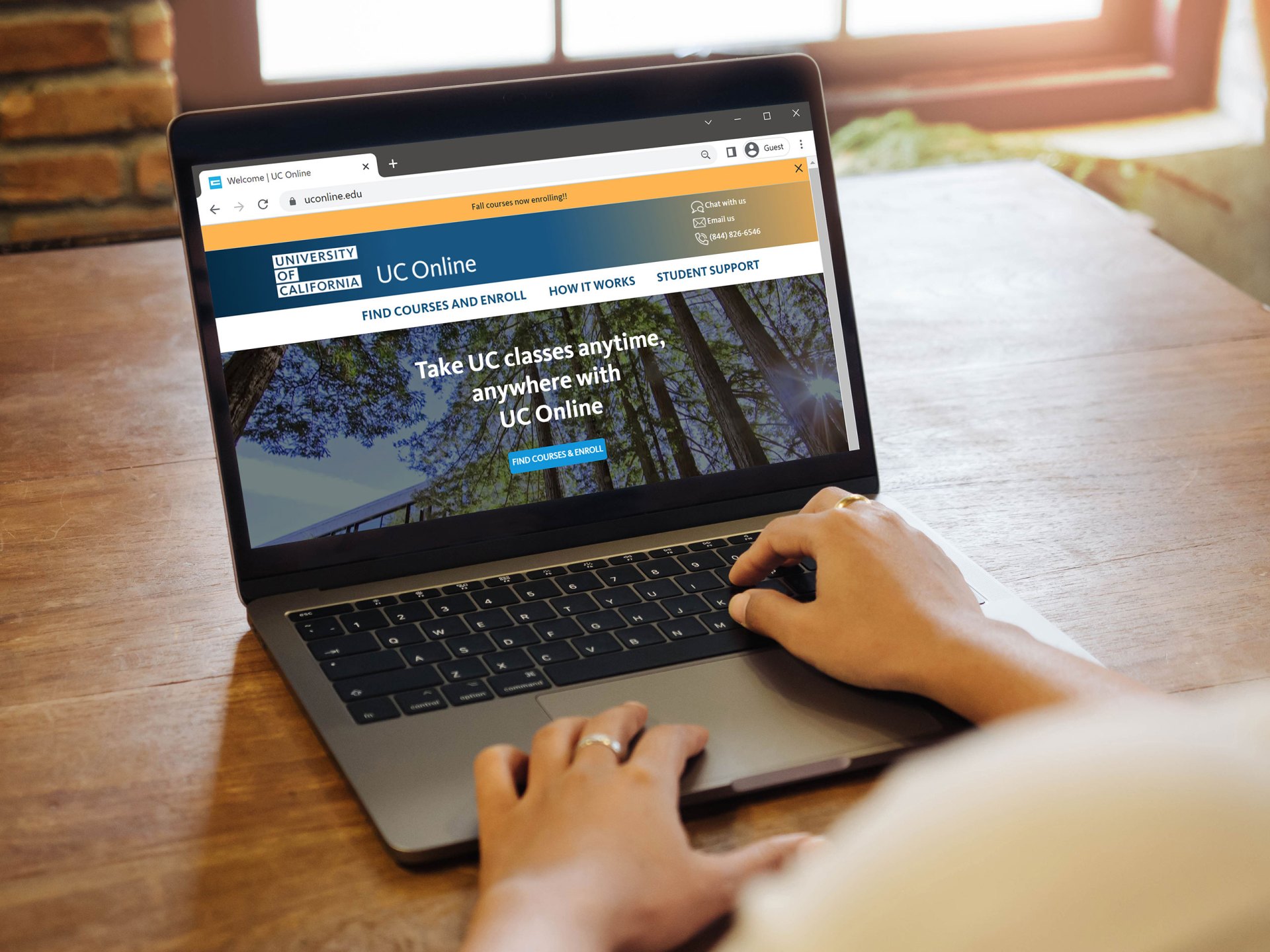 Woman's hands on a laptop with UC Online homepage open in a web browser on the screen.