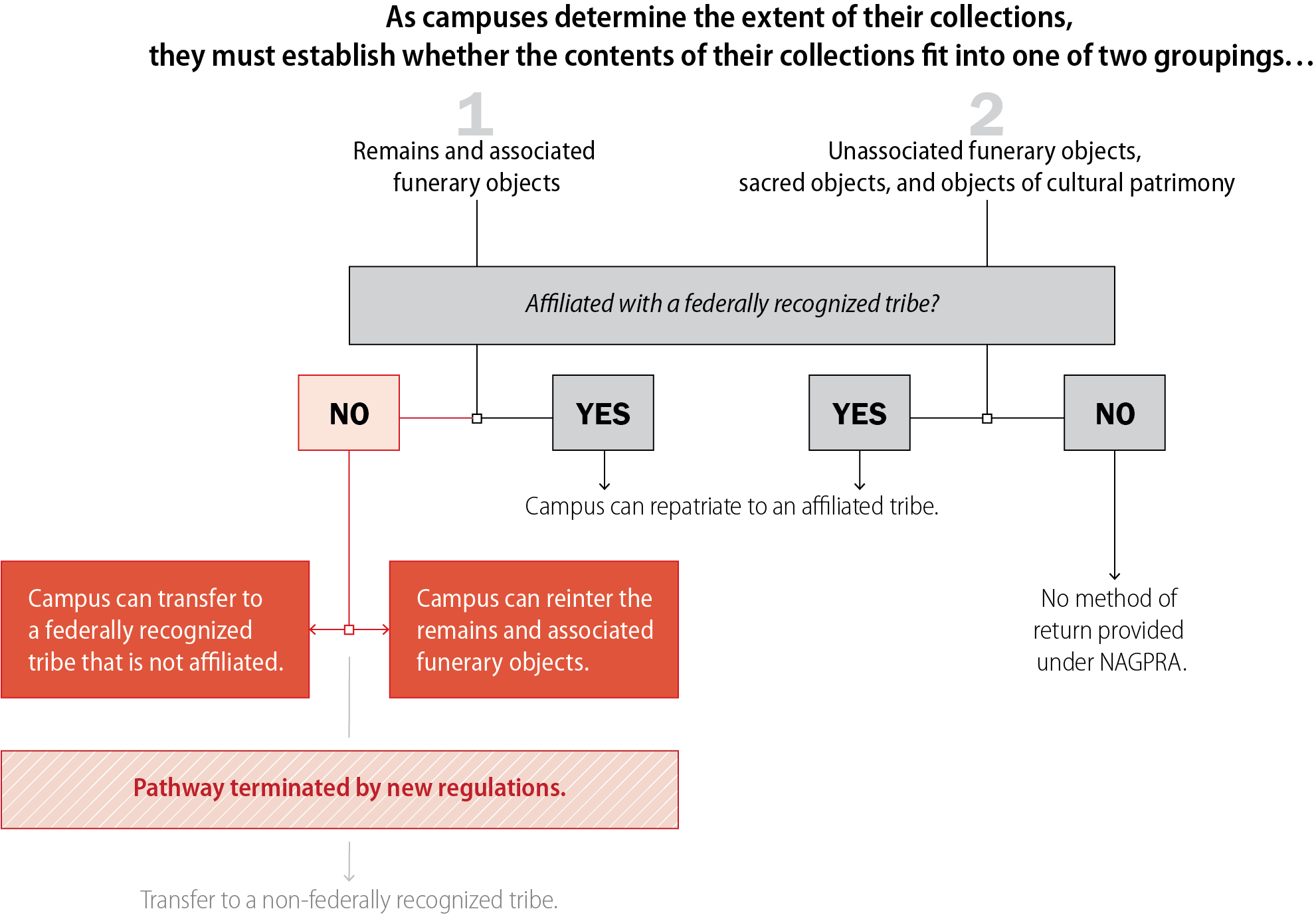 A flowchart that shows the repatriation process cycle and how, under the new federal regulations, it differs for remains and associated funerary objects versus unassociated funerary objects, sacred objects, and objects of cultural patrimony.